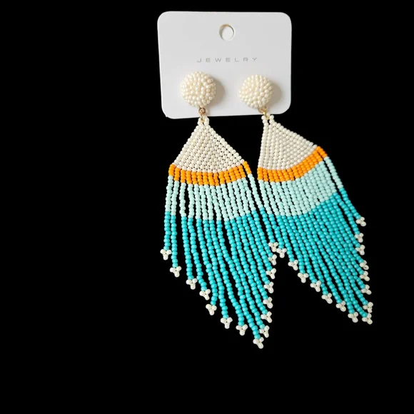 NWT - Elegant Beaded Fringe Earrings - Turquoise, Orange, and Cream - Picture 5 of 7
